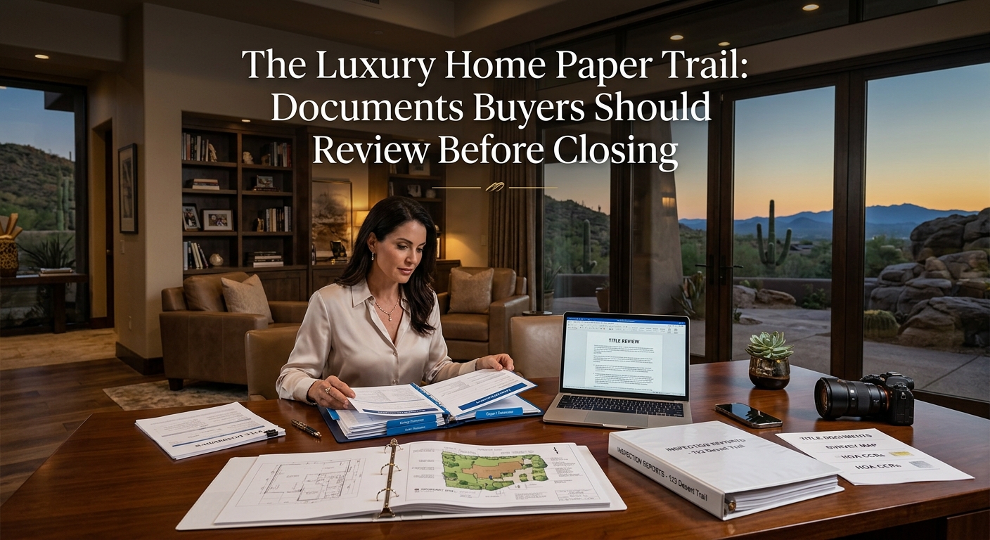 Arizona luxury home buyer reviewing a detailed closing document package at an elegant home office, with property plans, inspection reports, title documents, and a laptop visible on the desk, representing the important paperwork buyers should review before closing on a luxury property with overlaid title: The Luxury Home Paper Trail: Documents Buyers Should Review Before Closing  