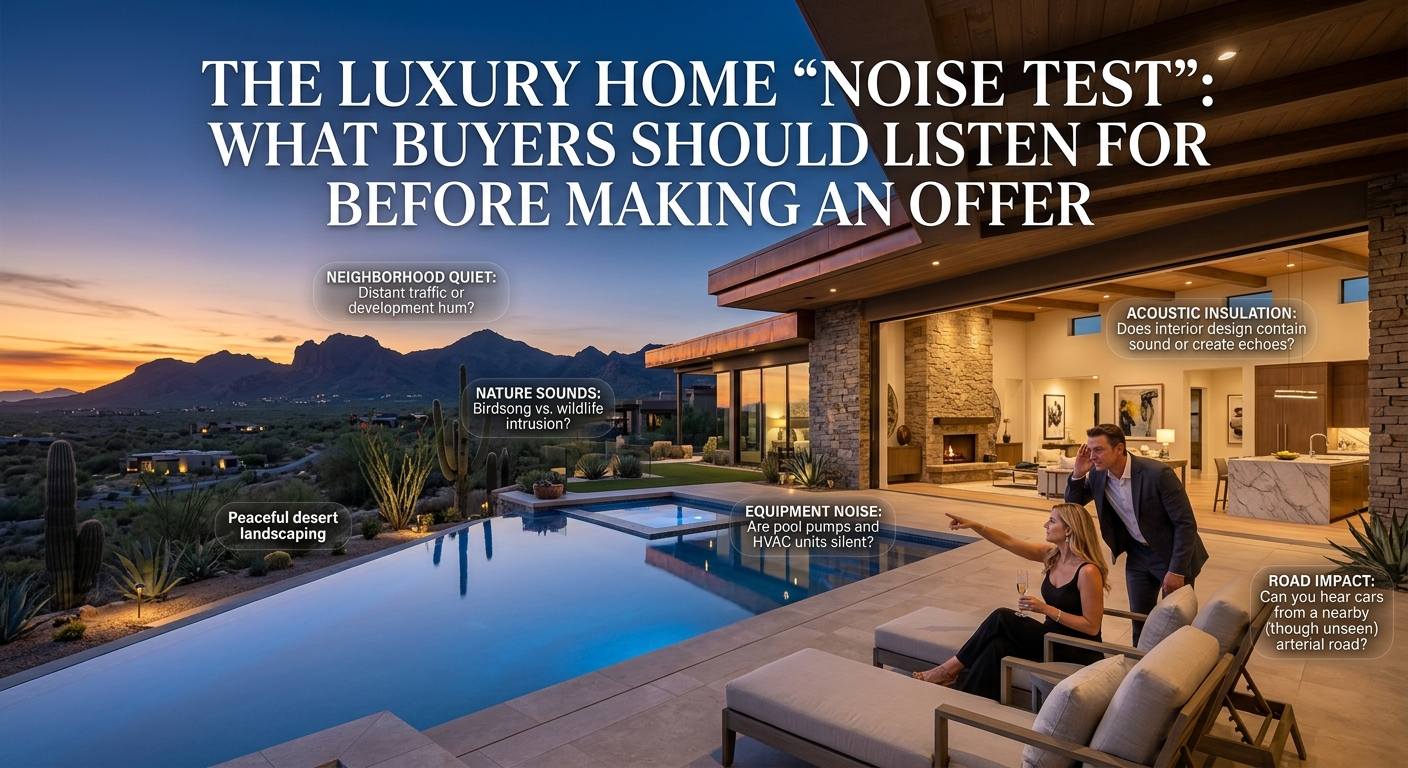 Arizona luxury home in Scottsdale or Paradise Valley with an elegant interior, peaceful desert landscaping, pool, covered outdoor living area, and surrounding mountain views overlaid with text: The Luxury Home “Noise Test”: What Buyers Should Listen for Before Making an Offer