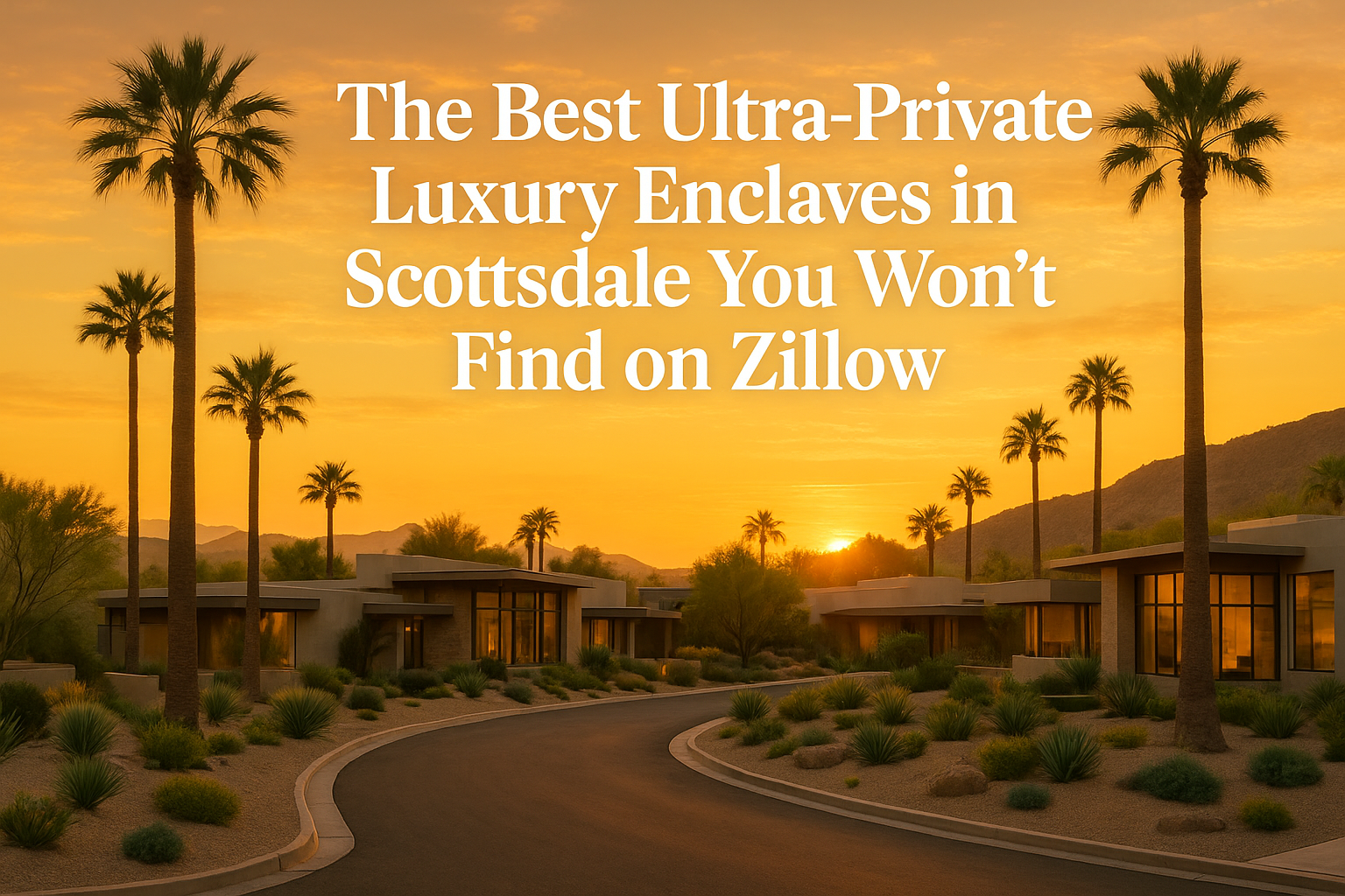 Elegant desert neighborhood at sunset featuring modern luxury homes, palm trees, and a warm golden sky, overlaid with the text: The Best Ultra-Private Luxury Enclaves in Scottsdale You Won’t Find on Zillow