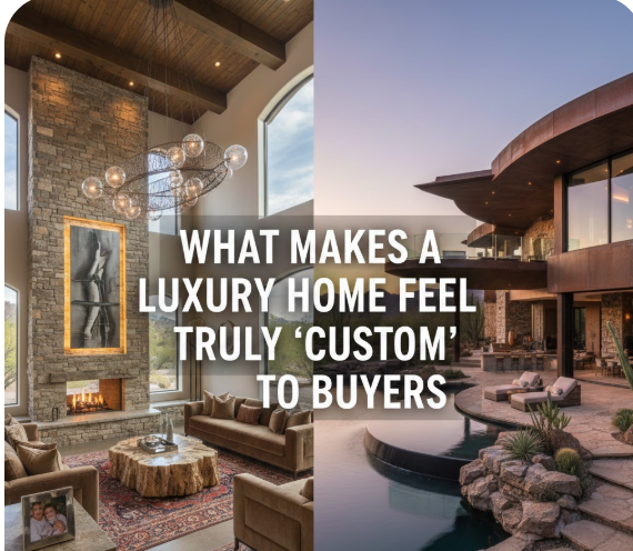 Arizona luxury home interior and exterior showcasing custom architectural details and personalized design features OVERLAID WITH TEXT: What Makes a Luxury Home Feel Truly ‘Custom’ to Buyers