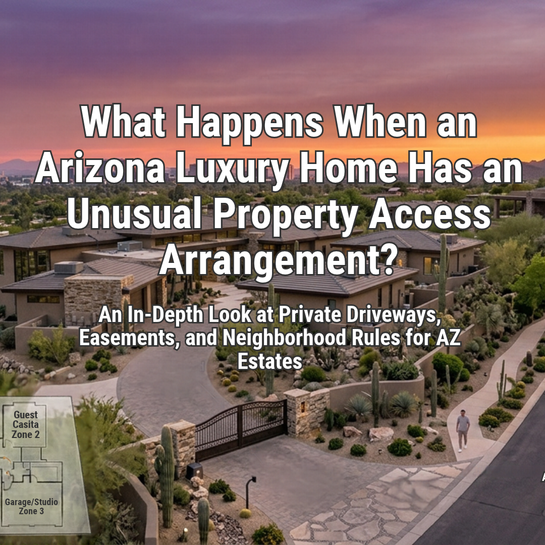 Luxury Arizona estate with a private gated driveway, landscaped entrance, and access road leading toward an upscale home in Scottsdale or Paradise Valley overlaid with text: What Happens When an Arizona Luxury Home Has an Unusual Property Access Arrangement?