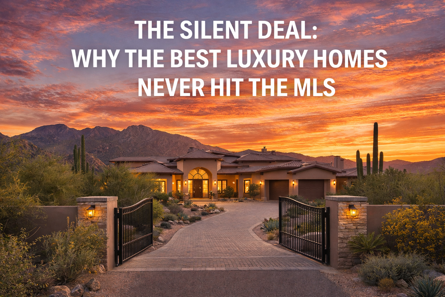 Gated Arizona luxury estate with desert landscaping and mountain backdrop at sunset, overlaid with the text: “THE SILENT DEAL: WHY THE BEST LUXURY HOMES NEVER HIT THE MLS