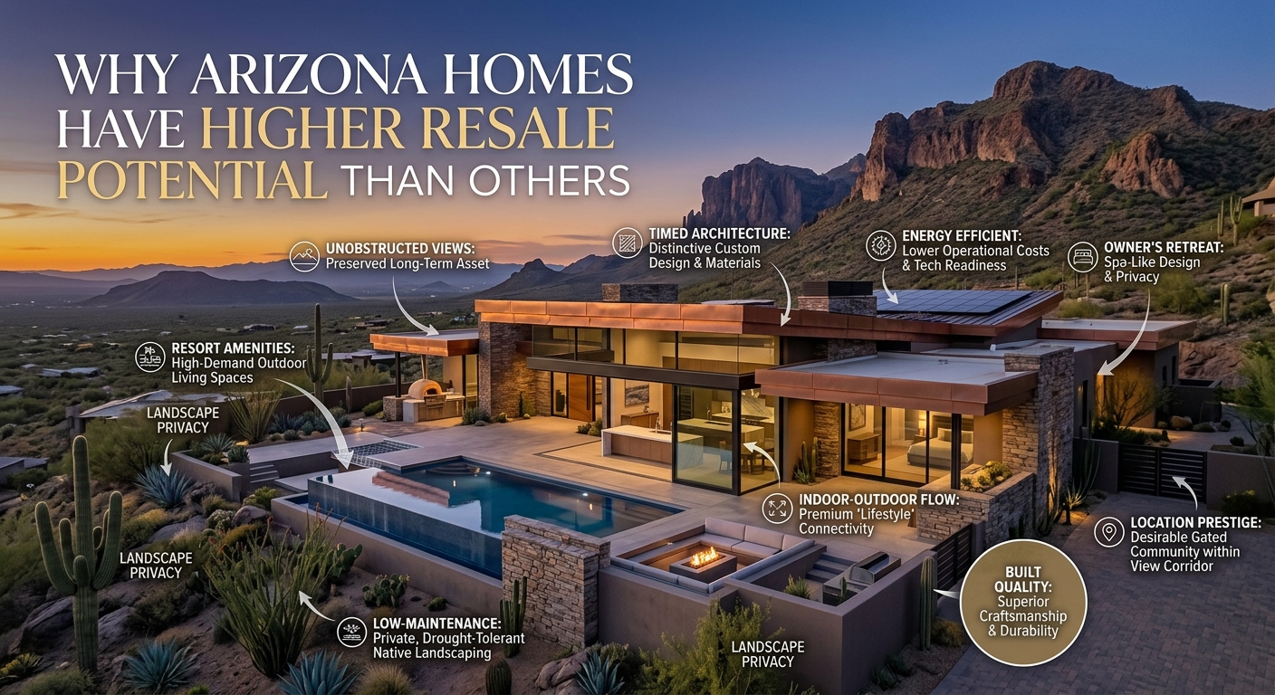 Arizona luxury home with mountain views, private desert landscaping, resort-style outdoor living, and distinctive architecture, illustrating the property characteristics that can contribute to stronger long-term resale potential with overlaid text: Why Ari