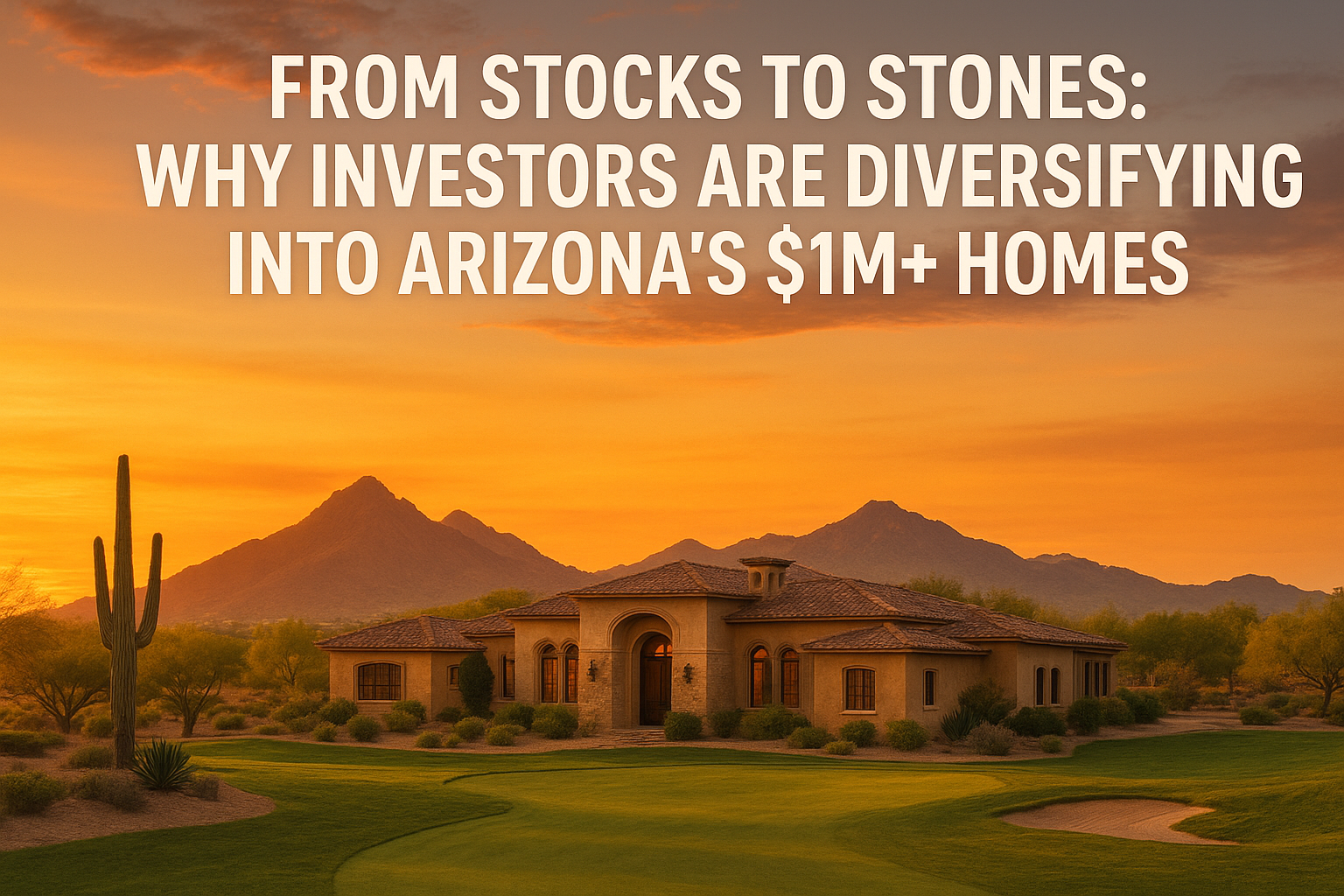 Arizona luxury homes with desert backdrop and golf course views at sunset with the text:From Stocks to Stones: Why Investors Are Diversifying Into Arizona’s $1M+ Homes
