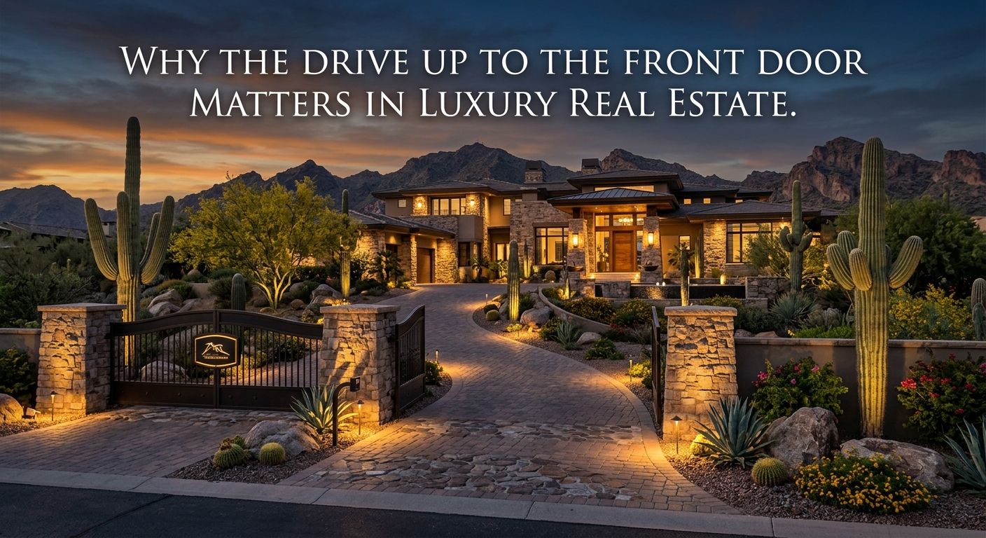 Grand Arizona luxury estate viewed from the street with a long landscaped driveway, gated entrance, illuminated pathway, sculptural desert landscaping, private motor court, and dramatic front door, illustrating why the arrival experience matters in luxury real estate, overlaid with the text: “Why the Drive Up to the Front Door Matters in Luxury Real Estate.” 