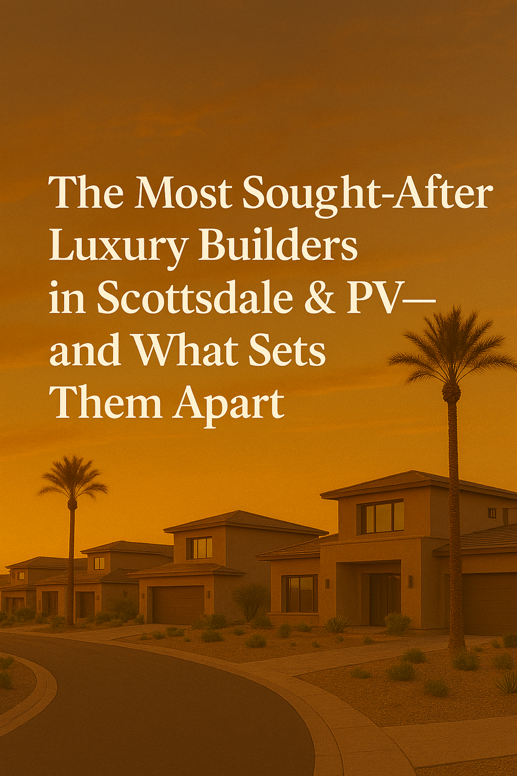 Elegant desert neighborhood at sunset featuring modern luxury homes, palm trees, and a warm golden sky, overlaid with the text:The Most Sought-After Luxury Builders in Scottsdale & PV—and What Sets Them Apart