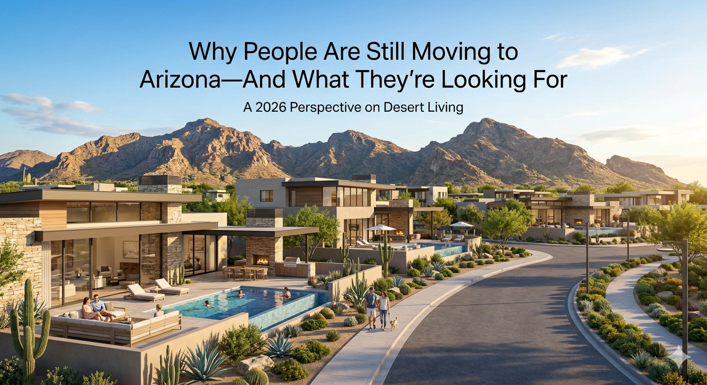 Modern Scottsdale desert neighborhood with luxury homes, mountain views, and outdoor living spaces, representing relocation to Arizona in 2026, overlaid with the text: “Why People Are Still Moving to Arizona—And What They’re Looking For”