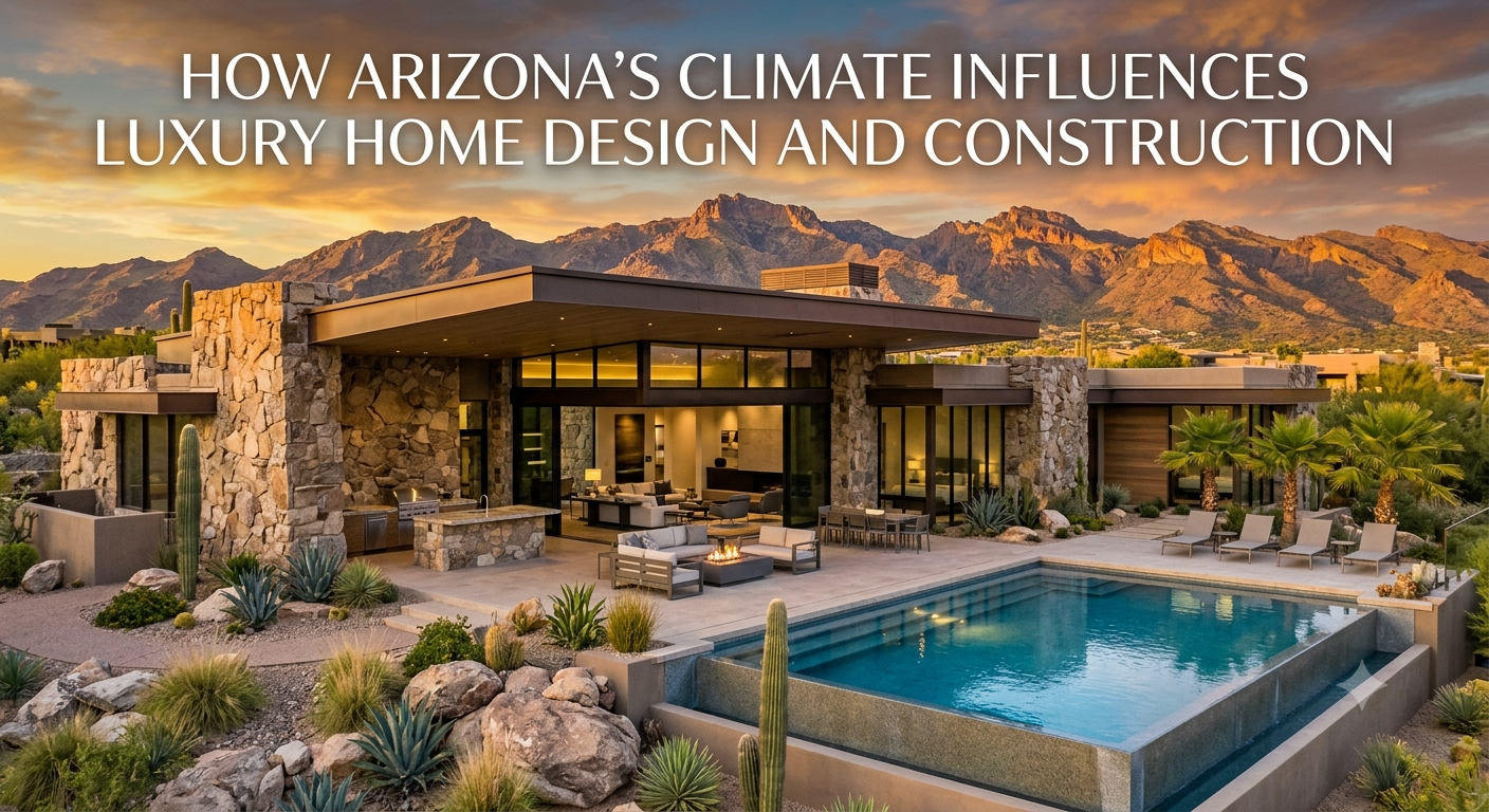 Contemporary Arizona luxury home featuring shaded outdoor living spaces, desert landscaping, floor-to-ceiling windows, natural stone architecture, resort-style pool, and mountain views, illustrating how Arizona's climate influences luxury home design and construction, overlaid with the text: “How Arizona's Climate Influences Luxury Home Design and Construction.”