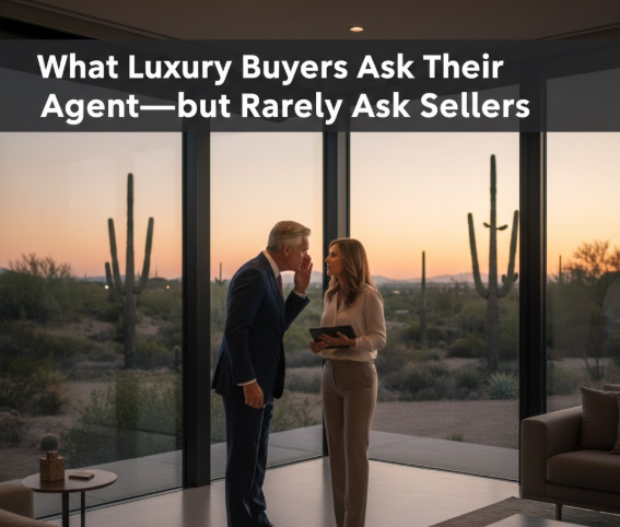 Luxury buyer speaking privately with their real estate agent during an Arizona home showing overlaid with the text: What Luxury Buyers Ask Their Agent—but Rarely Ask Sellers