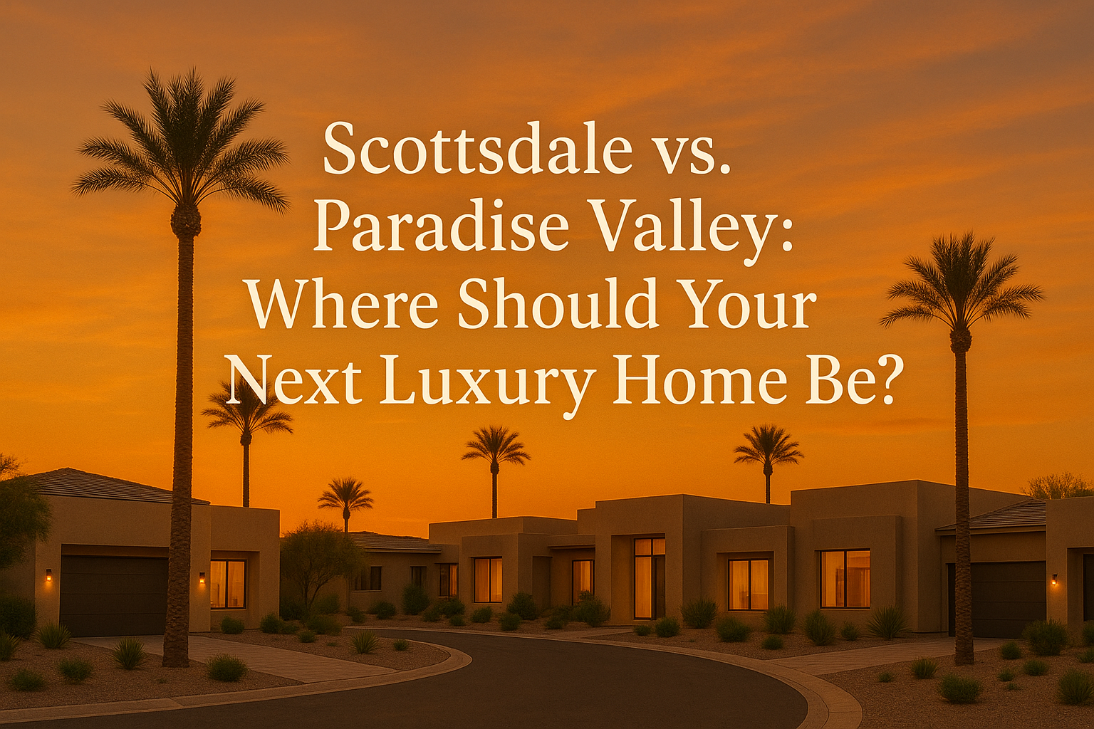 create Elegant desert neighborhood at sunset featuring modern luxury homes, palm trees, and a warm golden sky, overlaid with the text: Scottsdale vs. Paradise Valley: Where Should Your Next Luxury Home Be?