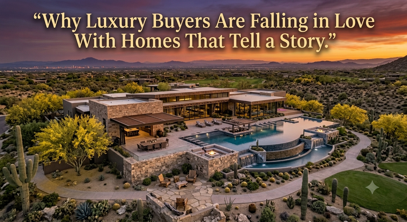 Elegant Arizona luxury home at golden hour featuring natural stone architecture, handcrafted wood details, expansive mountain views, a welcoming courtyard, and warm indoor-outdoor living spaces, illustrating how timeless design and thoughtful craftsmanship create a home with character and a story, overlaid with the text: “Why Luxury Buyers Are Falling in Love With Homes That Tell a Story.” 