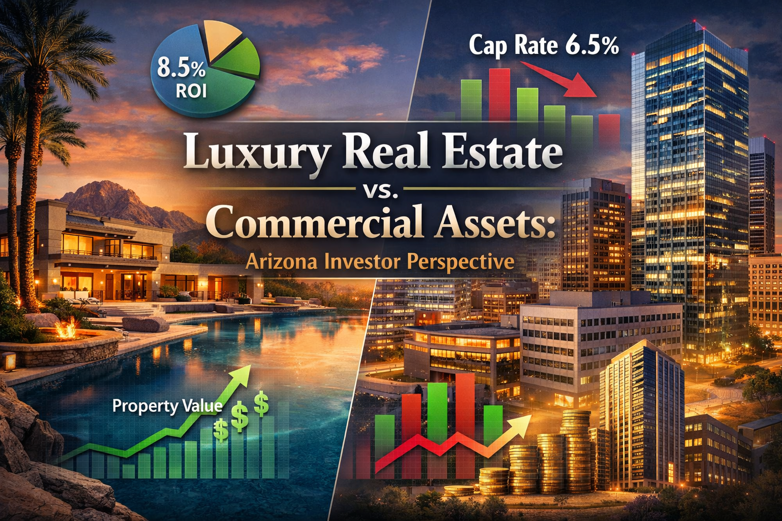 Arizona luxury estate contrasted with commercial buildings and financial performance overlays overlaid with text: Luxury Real Estate vs. Commercial Assets: Arizona Investor Perspective