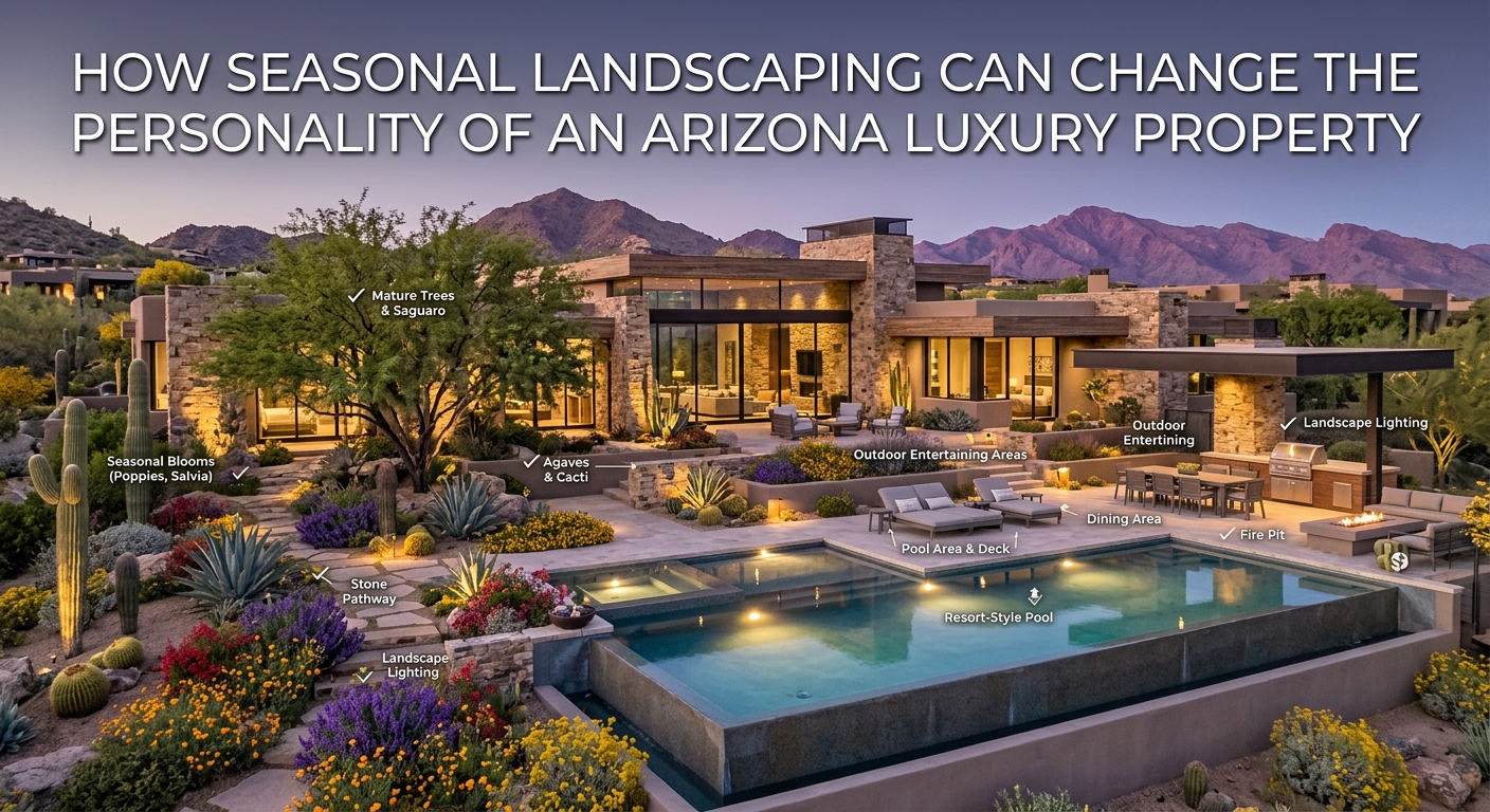  Stunning Arizona luxury estate surrounded by layered desert landscaping with mature trees, seasonal flowering plants, sculptural agaves, stone pathways, a resort-style pool, outdoor entertaining areas, and dramatic evening landscape lighting, illustrating how seasonal landscaping can transform the personality of a luxury property with overlaid text: How Seasonal Landscaping Can Change the Personality of an Arizona Luxury Property 