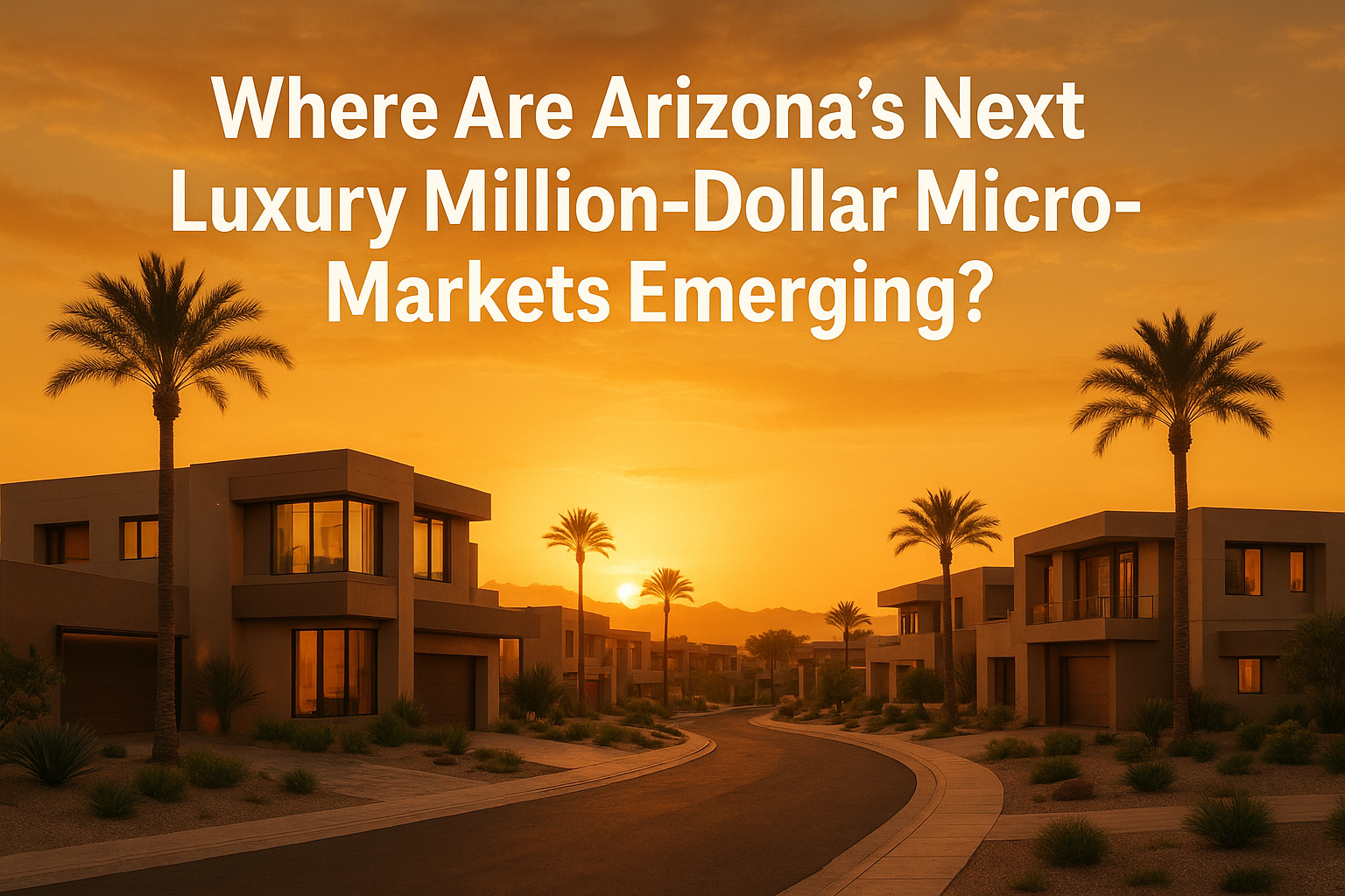 Elegant desert neighborhood at sunset featuring modern luxury homes, palm trees, and a warm golden sky, overlaid with the text: Where Are Arizona’s Next Luxury Million-Dollar Micro-Markets Emerging?