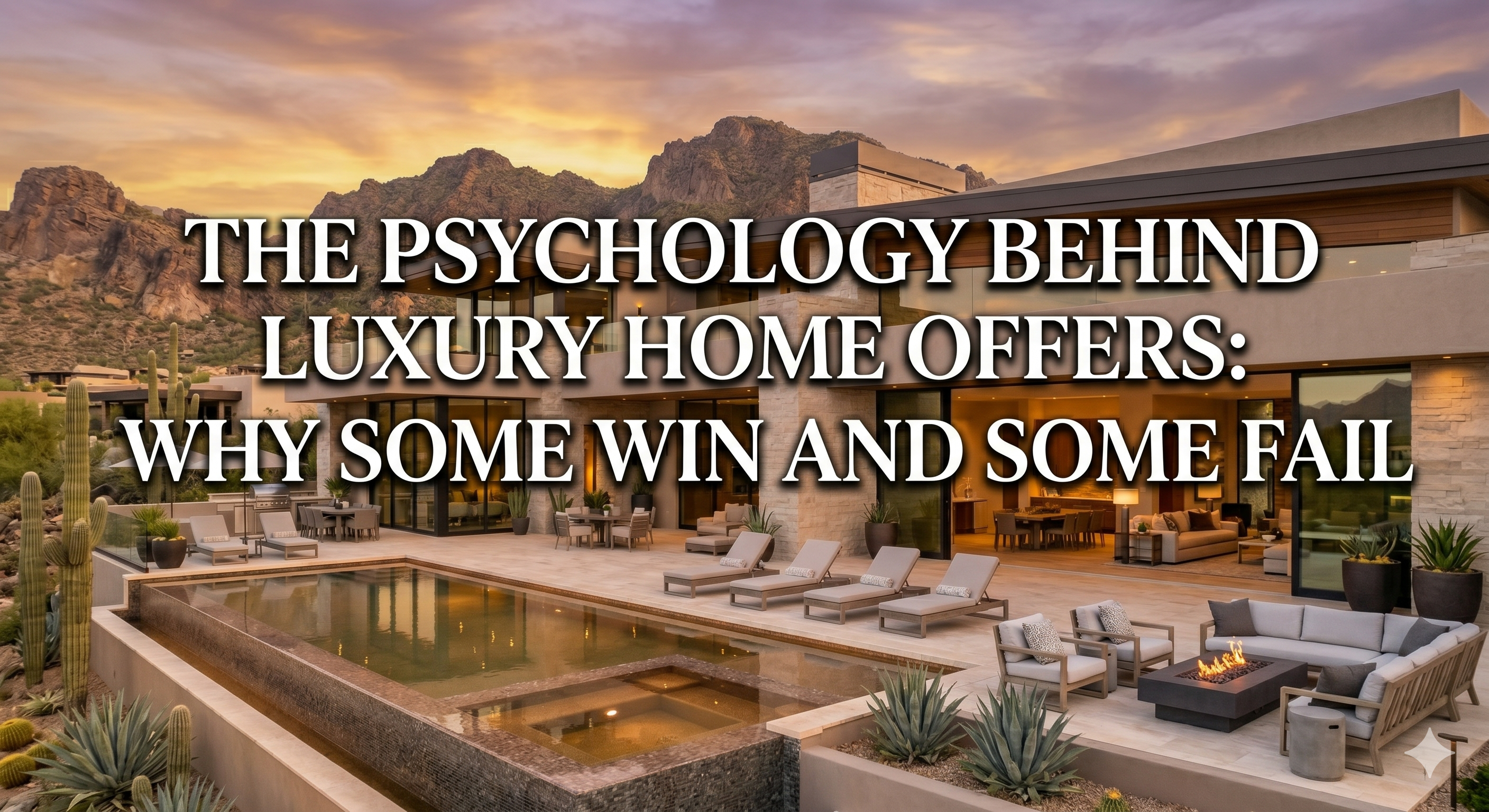  Luxury Scottsdale desert estate with warm sunset lighting, modern architecture, and private mountain backdrop, overlaid with the text: “The Psychology Behind Luxury Home Offers: Why Some Win and Some Fail”