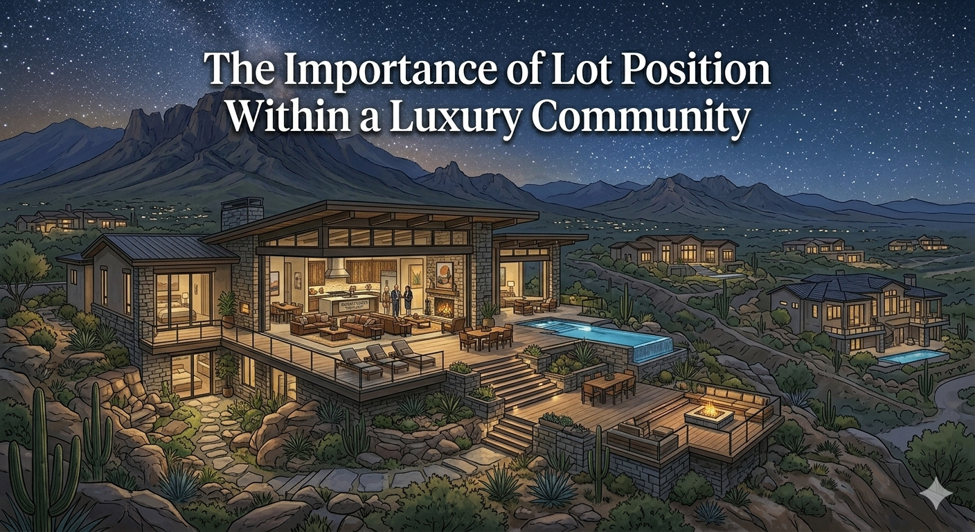 Premium Arizona luxury home positioned on a private hillside lot with mountain views, desert landscaping, spacious setbacks, and secluded outdoor living areas, illustrating the importance of lot position within a luxury community, overlaid with the text: “The Importance of Lot Position Within a Luxury Community” 