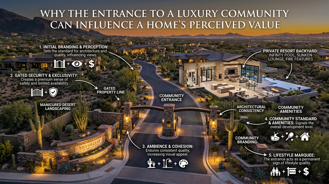 Arizona luxury home being evaluated beyond listing photos, featuring an elegant interior, floor-to-ceiling windows with mountain views, resort-style backyard, aerial property view, and surrounding neighborhood, illustrating how luxury buyers can assess a property beyond its online presentation with overlaid text: Why the Entrance to a Luxury Community Can Influence a Home’s Perceived Value 