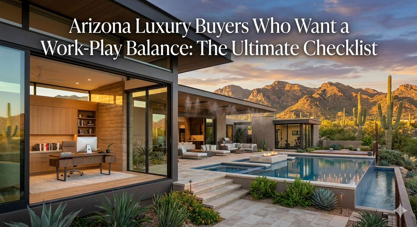 Modern Arizona luxury home featuring a private office, resort-style outdoor living space, wellness amenities, and seamless indoor-outdoor design with desert mountain views, overlaid with the text: “Arizona Luxury Buyers Who Want a Work-Play Balance: The Ultimate Checklist”