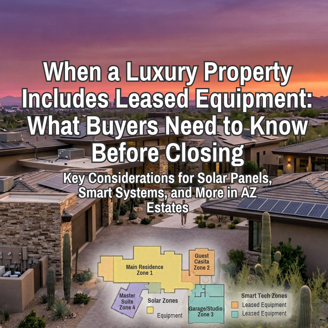 Arizona luxury estate featuring a modern residence with rooftop solar panels, smart-home technology, and landscaped outdoor living areas, illustrating important considerations for buyers evaluating leased equipment before closing overlaid with text: When a Luxury Property Includes Leased Equipment: What Buyers Need to Know Before Closing 