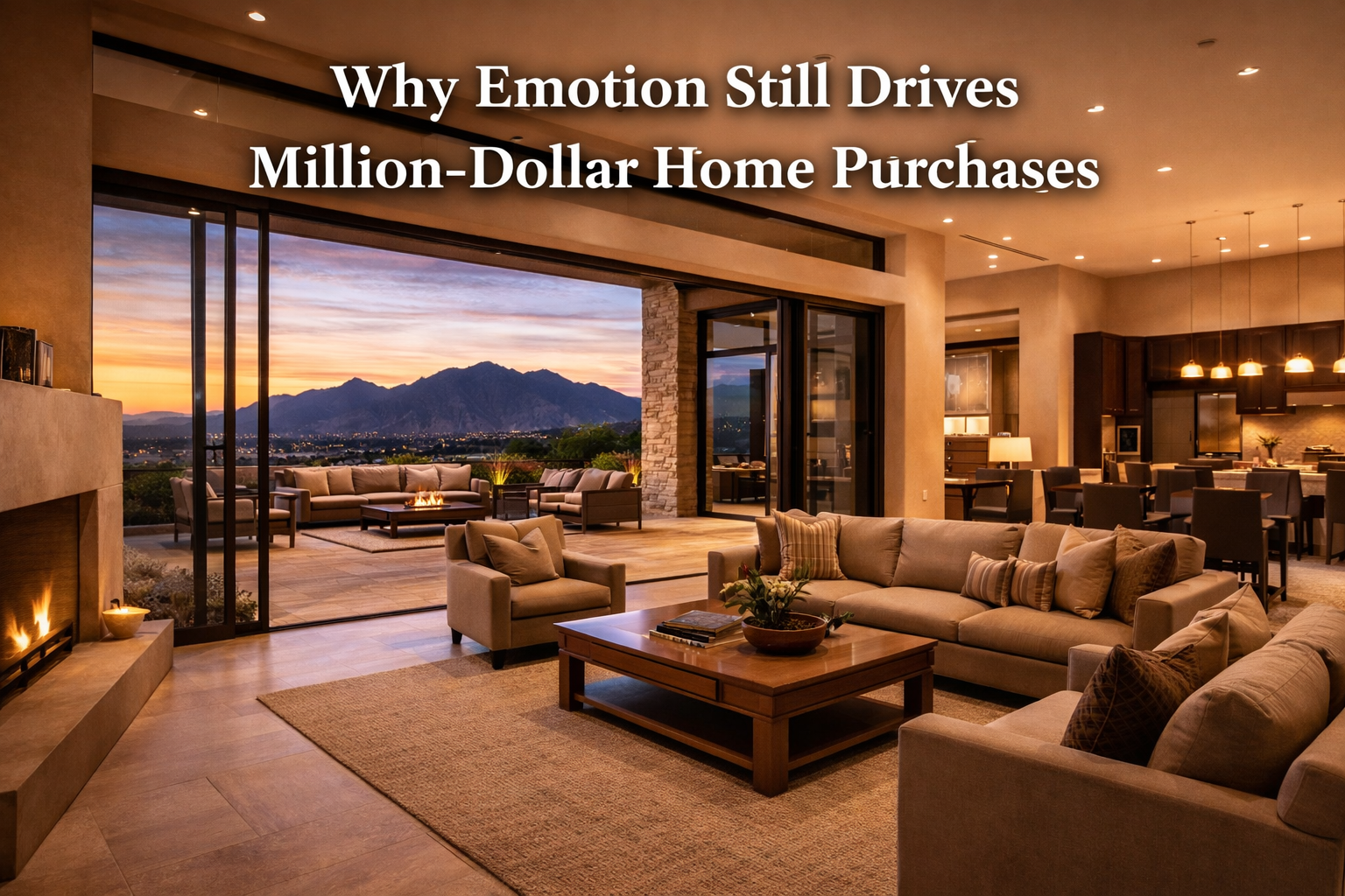 Arizona luxury home interior with warm light, seamless indoor-outdoor flow, and refined finishes OVERLAID WITH TEXT: Why Emotion Still Drives Million-Dollar Home Purchases