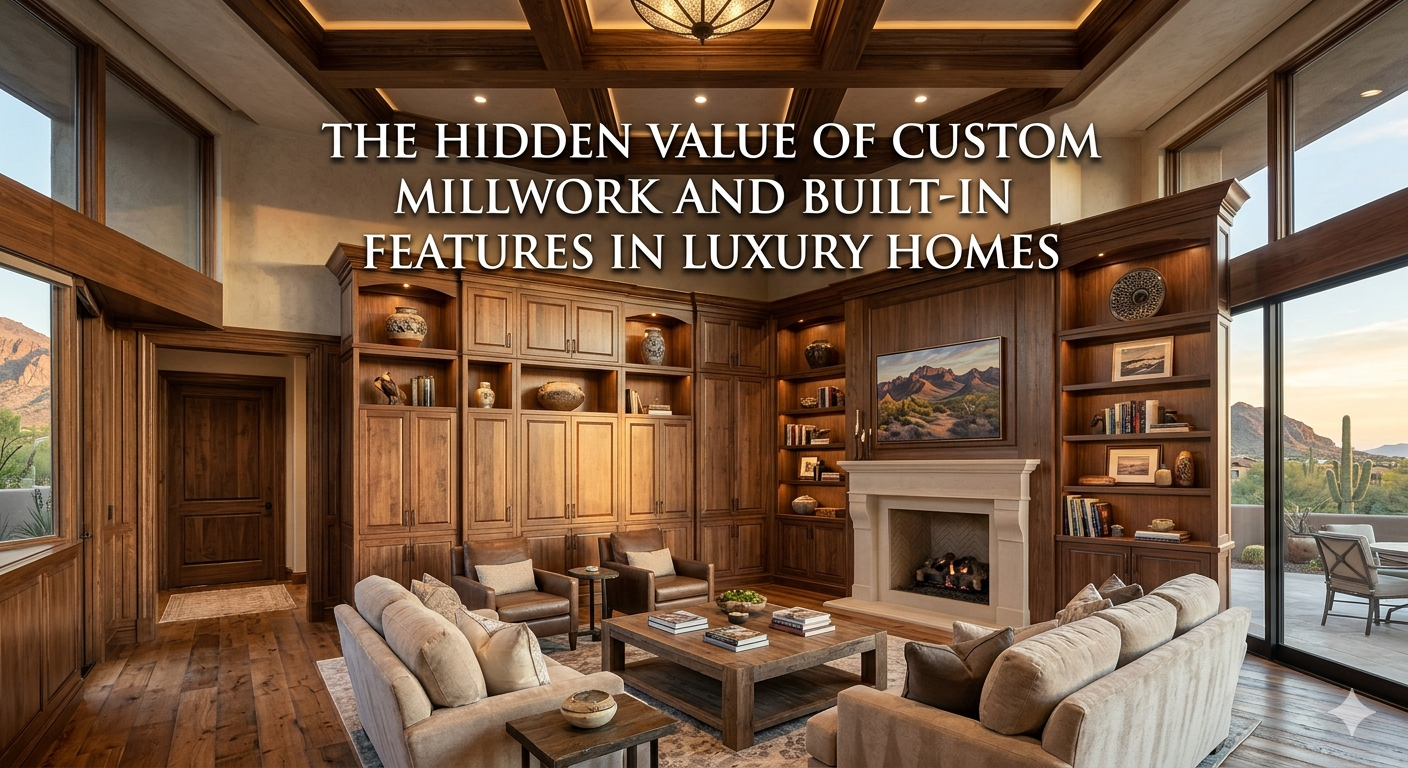Elegant Arizona luxury interior featuring custom wood millwork, built-in shelving, coffered ceilings, and integrated cabinetry in a modern desert home with natural light and mountain views, overlaid with the text: “The Hidden Value of Custom Millwork and Built-In Features in Luxury Homes” 