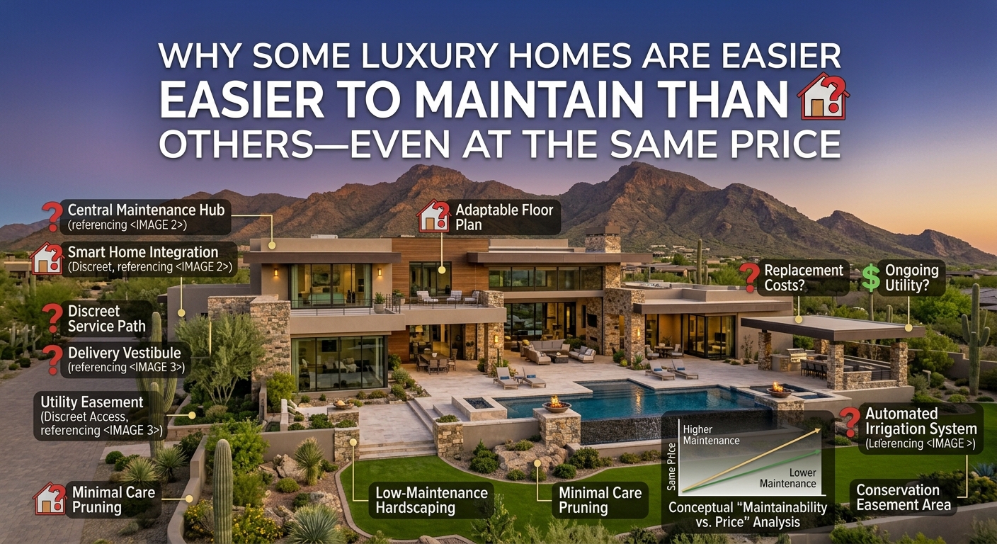 Well-maintained Arizona luxury estate with low-maintenance landscaping, organized outdoor systems, elegant architecture, and thoughtfully designed exterior spaces overlaid with text: Why Some Luxury Homes Are Easier to Maintain Than Others—Even at the Same Price