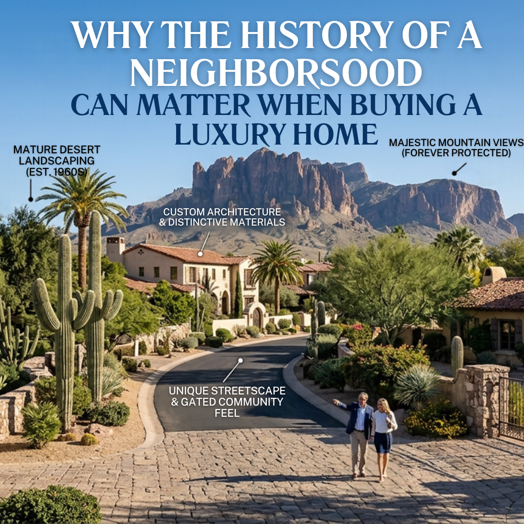 Established Arizona luxury neighborhood with mature landscaping, custom estates, mountain views, and distinctive streetscape illustrating the importance of neighborhood history overlaid with text: Why the History of a Neighborhood Can Matter When Buying a Luxury Home