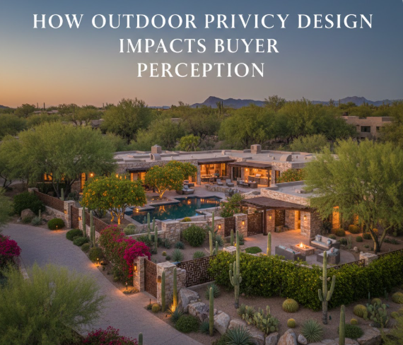 Arizona luxury estate showcasing outdoor privacy through landscaping, courtyards, and fencing with overlaid text: How Outdoor Privacy Design Impacts Buyer Perception