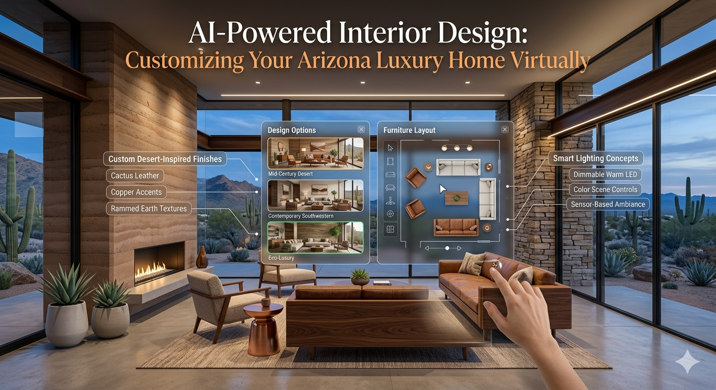 Modern Arizona luxury home interior displayed with AI-powered virtual design overlays, customizable furniture layouts, desert-inspired finishes, and smart lighting concepts, overlaid with the text: “AI-Powered Interior Design: Customizing Your Arizona Luxury Home Virtually”