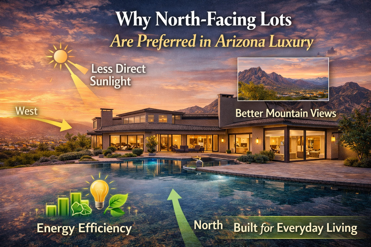Arizona luxury home on a north-facing lot, emphasizing light, views, and energy efficiency overlaid with text:  Why North-Facing Lots Are Preferred in Arizona Luxury