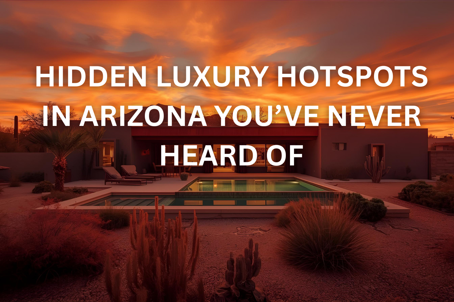 A modern luxury desert home in Arizona at a dramatic sunset. The architecture is sleek and dark-toned, featuring a central pool area with lounge chairs and minimal desert landscaping of gravel and cacti in the foreground. The sky is a fiery blend of deep orange and red.