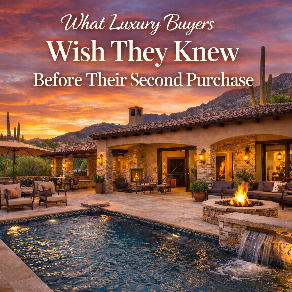 Arizona luxury home representing thoughtful second-time buyer decisions overlaid with text: What Luxury Buyers Wish They Knew Before Their Second Purchase