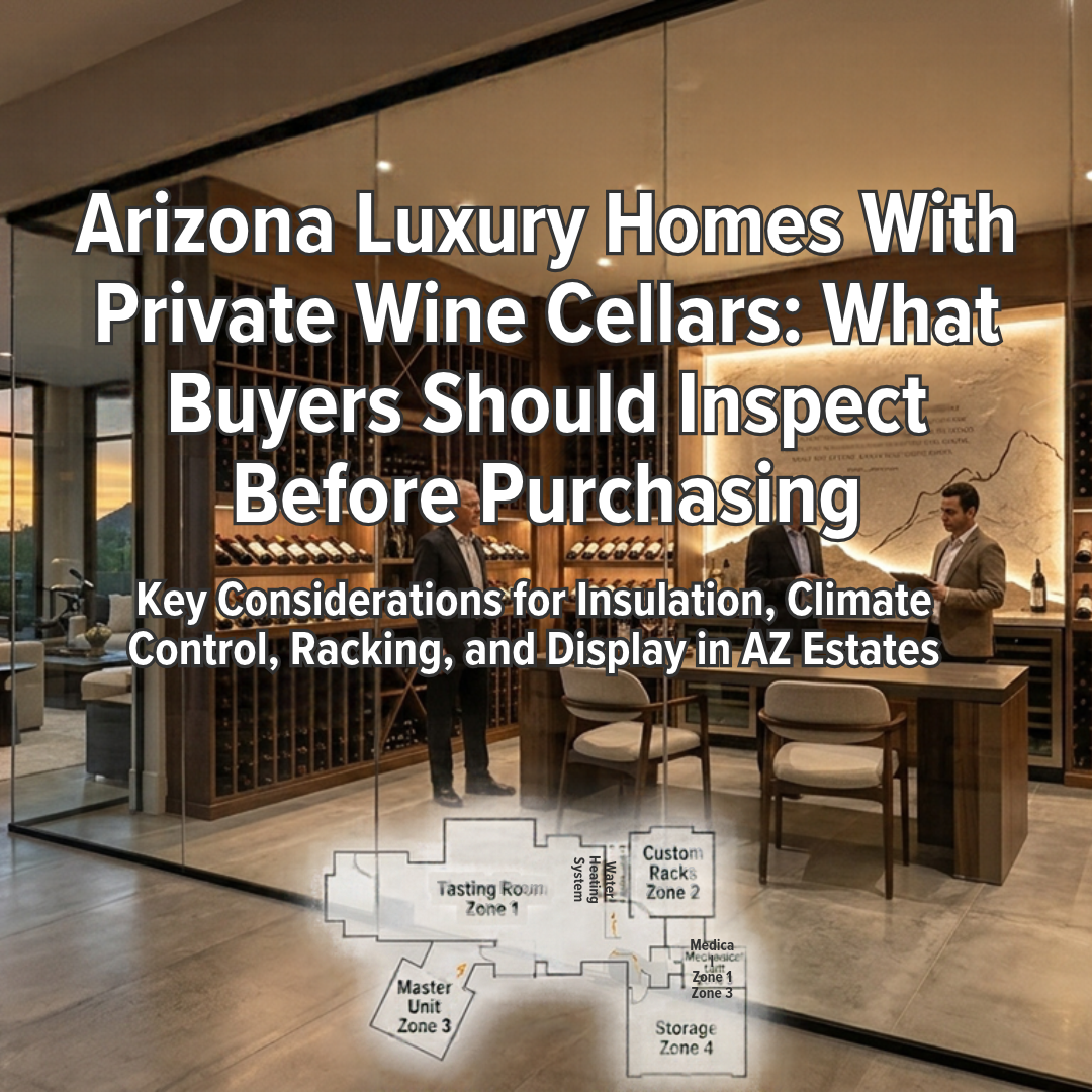 Arizona luxury home with a private climate-controlled wine cellar featuring custom bottle racks, glass walls, and elegant display lighting overlaid with text: Arizona Luxury Homes With Private Wine Cellars: What Buyers Should Inspect Before Purchasing