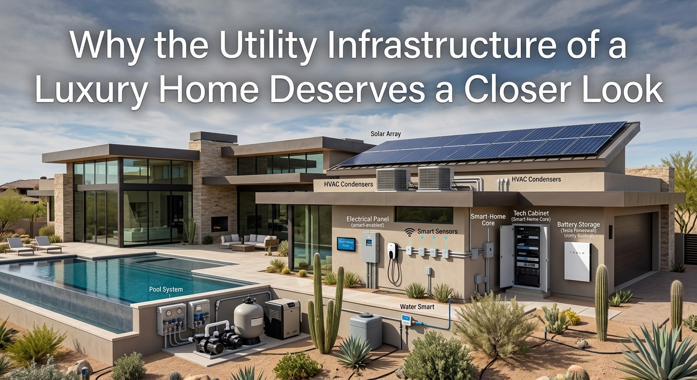 Modern Arizona luxury home with visible HVAC equipment, solar panels, pool systems, smart-home technology, desert landscaping, and electrical infrastructure, illustrating the hidden utility systems buyers should evaluate before purchasing a luxury property with overlaid text: Why the Utility Infrastructure of a Luxury Home Deserves a Closer Look 