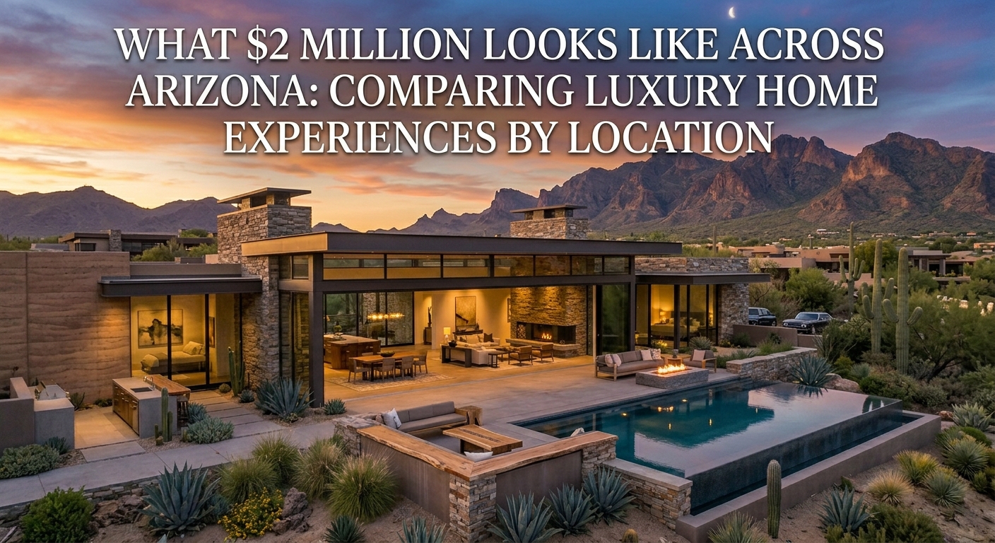 Arizona luxury home surrounded by desert landscaping, neighboring estates, mountain views, open land, and nearby roads, highlighting the surrounding factors luxury buyers should research before purchasing a property WITH text:What $2 Million Looks Like Across Arizona: Comparing Luxury Home Experiences by Location