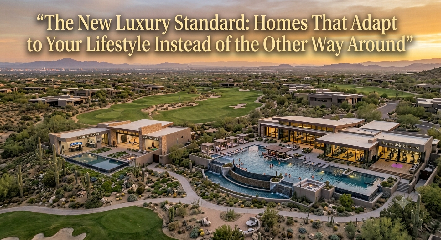 Modern Arizona luxury home featuring flexible living spaces, a smart home office, wellness room, open-concept indoor-outdoor design, and resort-style backyard, illustrating how luxury homes adapt to homeowners' changing lifestyles through personalized, future-ready design, overlaid with the text: “The New Luxury Standard: Homes That Adapt to Your Lifestyle Instead of the Other Way Around” 