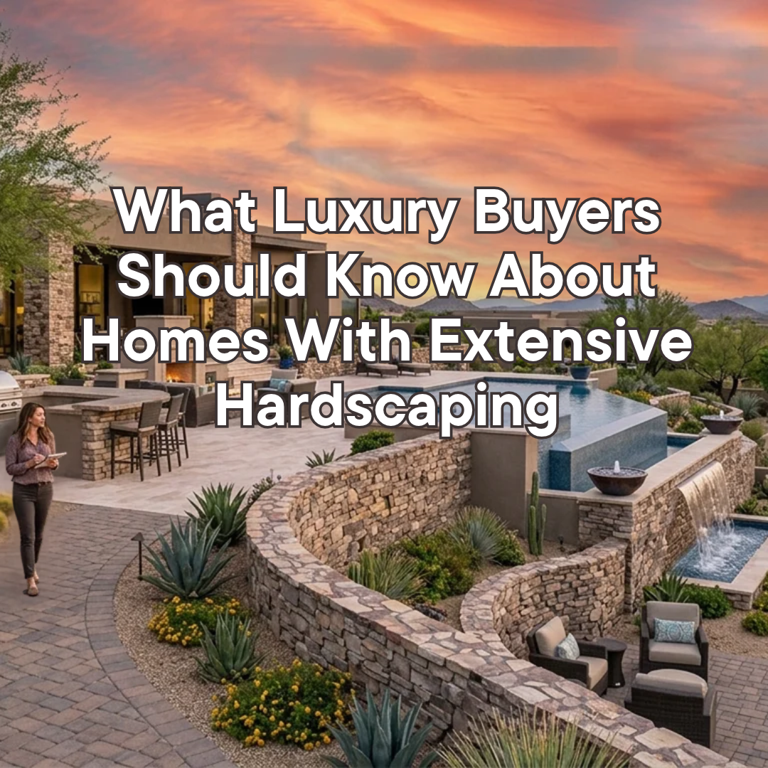 Arizona luxury home featuring an expansive stone patio, elegant paver walkways, decorative retaining walls, and desert landscaping, illustrating key considerations for buyers evaluating extensive hardscaping overlaid with text: What Luxury Buyers Should Know About Homes With Extensive Hardscaping 