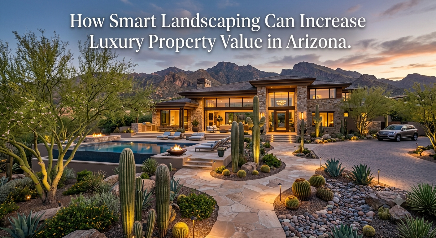 Luxury Arizona home with professionally designed desert landscaping featuring mature palo verde trees, native cacti, natural stone pathways, resort-style outdoor living spaces, elegant landscape lighting, and mountain views, illustrating how smart landscaping enhances curb appeal and luxury property value, overlaid with the text: “How Smart Landscaping Can Increase Luxury Property Value in Arizona.”
