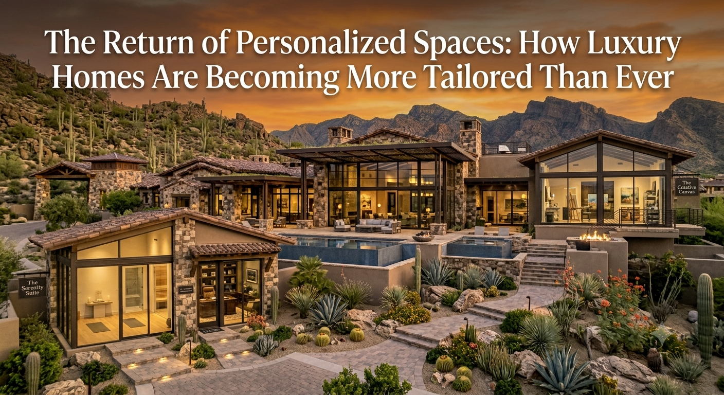 Contemporary Arizona luxury home featuring a custom wellness room, executive home office, art studio, and seamless indoor-outdoor living spaces, showcasing personalized design tailored to modern lifestyles, overlaid with the text: “The Return of Personalized Spaces: How Luxury Homes Are Becoming More Tailored Than Ever”