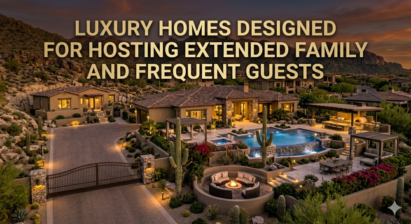 Luxury Arizona estate featuring a main residence and detached guest casita, resort-style pool, outdoor kitchen, and multiple seating areas designed for extended family hosting, overlaid with the text: “Luxury Homes Designed for Hosting Extended Family and Frequent Guests”