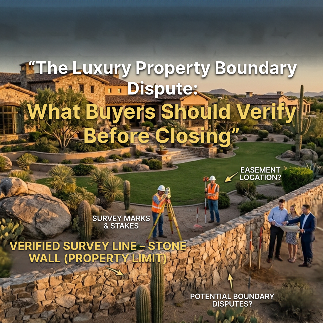 Arizona luxury estate with expansive desert acreage, a stone boundary wall, landscaped grounds, and neighboring properties in the distance, illustrating property line verification and boundary dispute considerations for luxury homebuyers overlaid with text: The Luxury Property Boundary Dispute: What Buyers Should Verify Before Closing