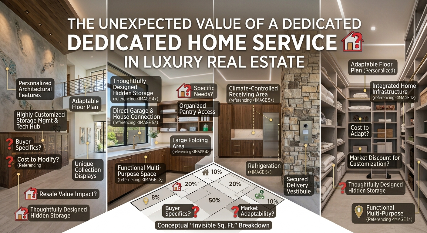 Elegant Arizona luxury home with a dedicated service area designed for laundry, storage, deliveries, and everyday household functionality overlaid with text: The Unexpected Value of a Dedicated Home Service Area in Luxury Real Estate