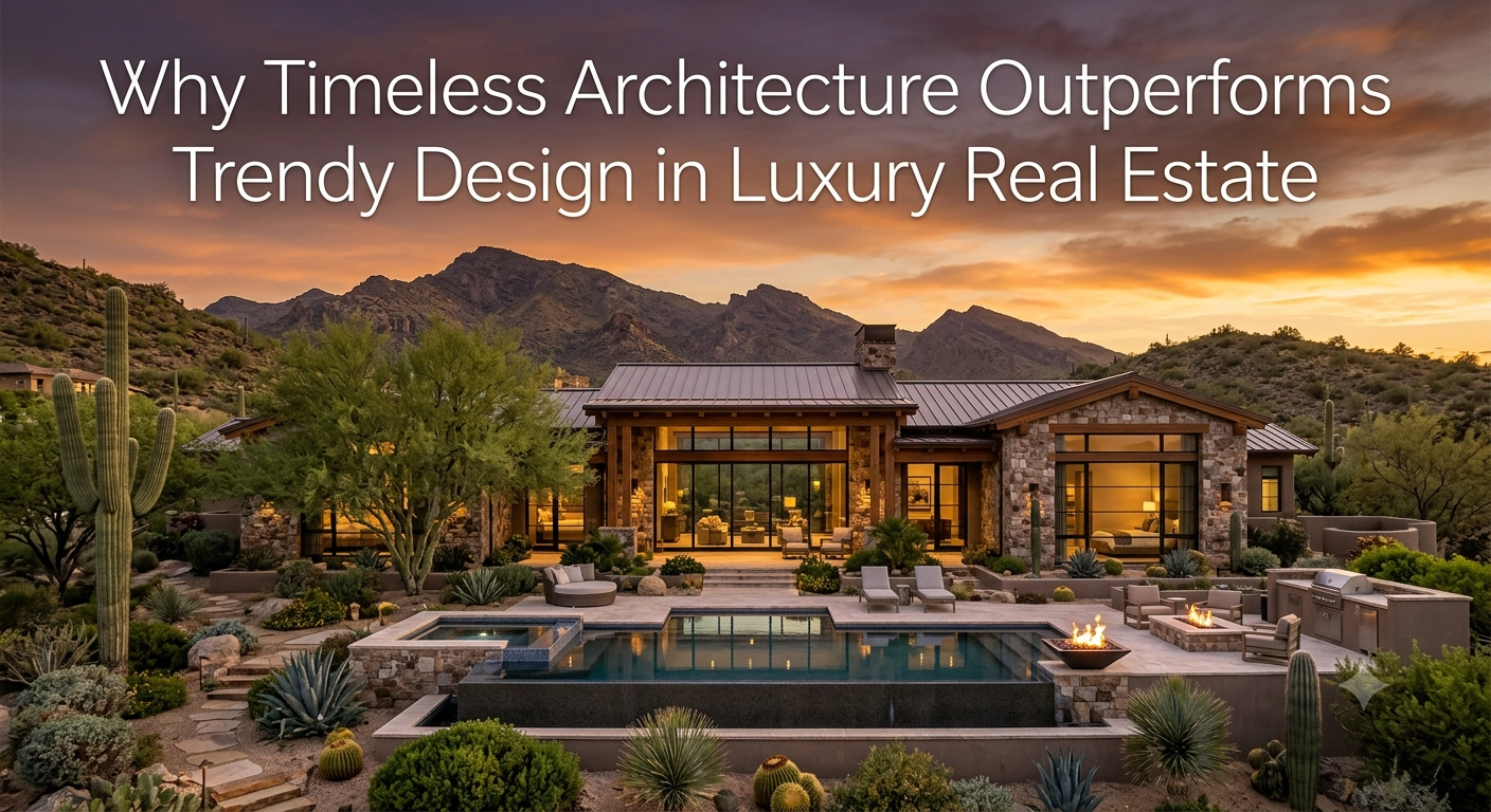 Elegant Arizona luxury home featuring timeless desert-inspired architecture with natural stone, warm wood accents, expansive windows, mature desert landscaping, and mountain views at sunset, illustrating why timeless architecture outperforms trendy design in luxury real estate, overlaid with the text: “Why Timeless Architecture Outperforms Trendy Design in Luxury Real Estate.”