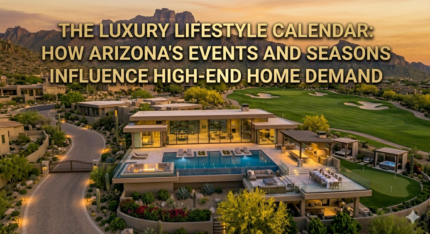Luxury Arizona estate overlooking a golf course and desert mountains during golden hour, with outdoor entertaining spaces and resort-style amenities, overlaid with the text: “The Luxury Lifestyle Calendar: How Arizona’s Events and Seasons Influence High-End Home Demand”