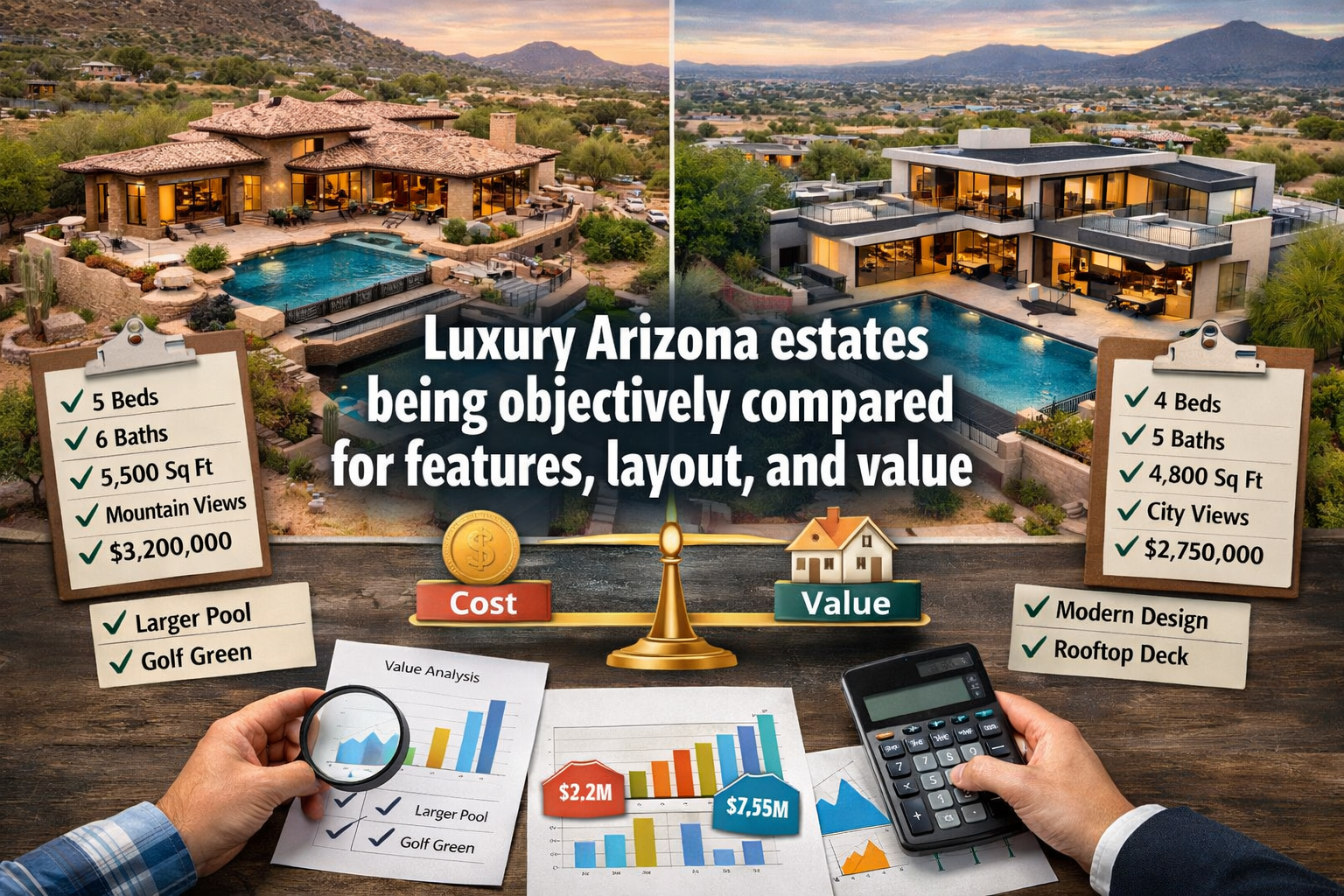 Luxury Arizona estates being objectively compared for features, layout, and value overlaid with text: 
