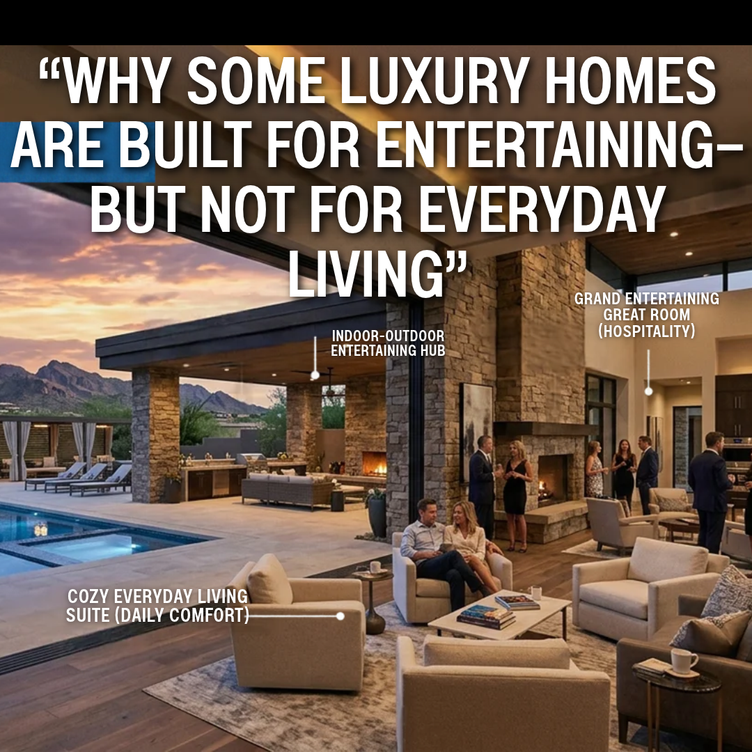 Expansive Arizona luxury home designed for entertaining with an elegant great room, sophisticated kitchen, indoor-outdoor living space, pool, and comfortable everyday areas illustrating the balance between entertaining and livability overlaid with text: Why Some Luxury Homes Are Built for Entertaining—but Not for Everyday Living 