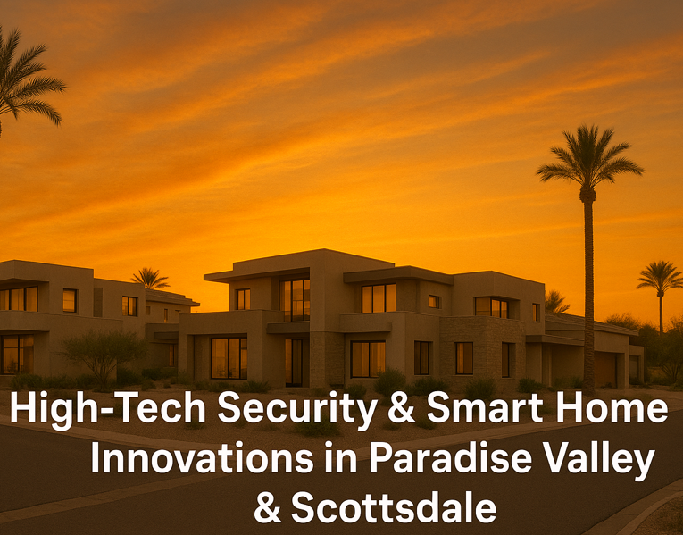 Elegant desert neighborhood at sunset featuring modern luxury homes, palm trees, and a warm golden sky, overlaid with the text: High-Tech Security & Smart Home Innovations in Paradise Valley & Scottsdale