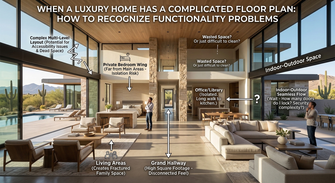 Spacious Arizona luxury home with a complex multi-level floor plan, multiple living areas, private bedroom wings, grand hallways, and indoor-outdoor spaces, illustrating how luxury buyers can identify potential functionality and layout problems before purchasing a property overalaid with title: When a Luxury Home Has a Complicated Floor Plan: How to Recognize Functionality Problems 