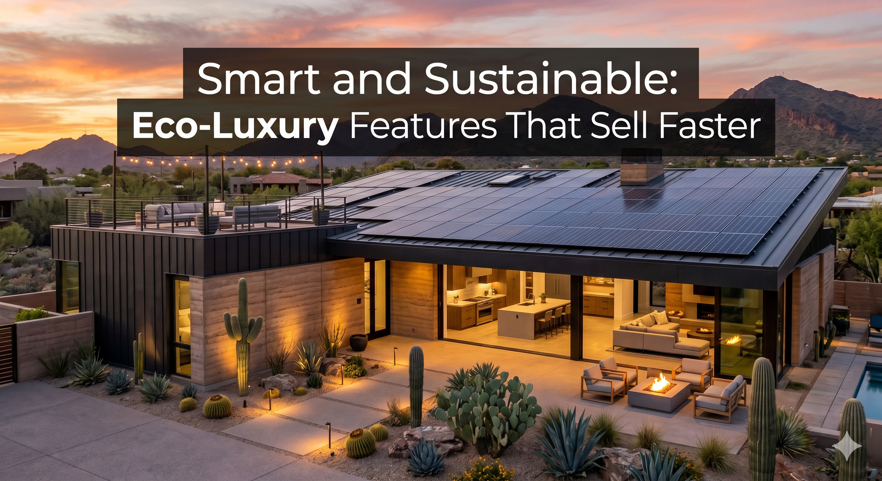Modern eco-luxury Scottsdale home with rooftop solar panels, desert landscaping, and smart lighting system, overlaid with the text: “Smart and Sustainable: Eco-Luxury Features That Sell Faster”