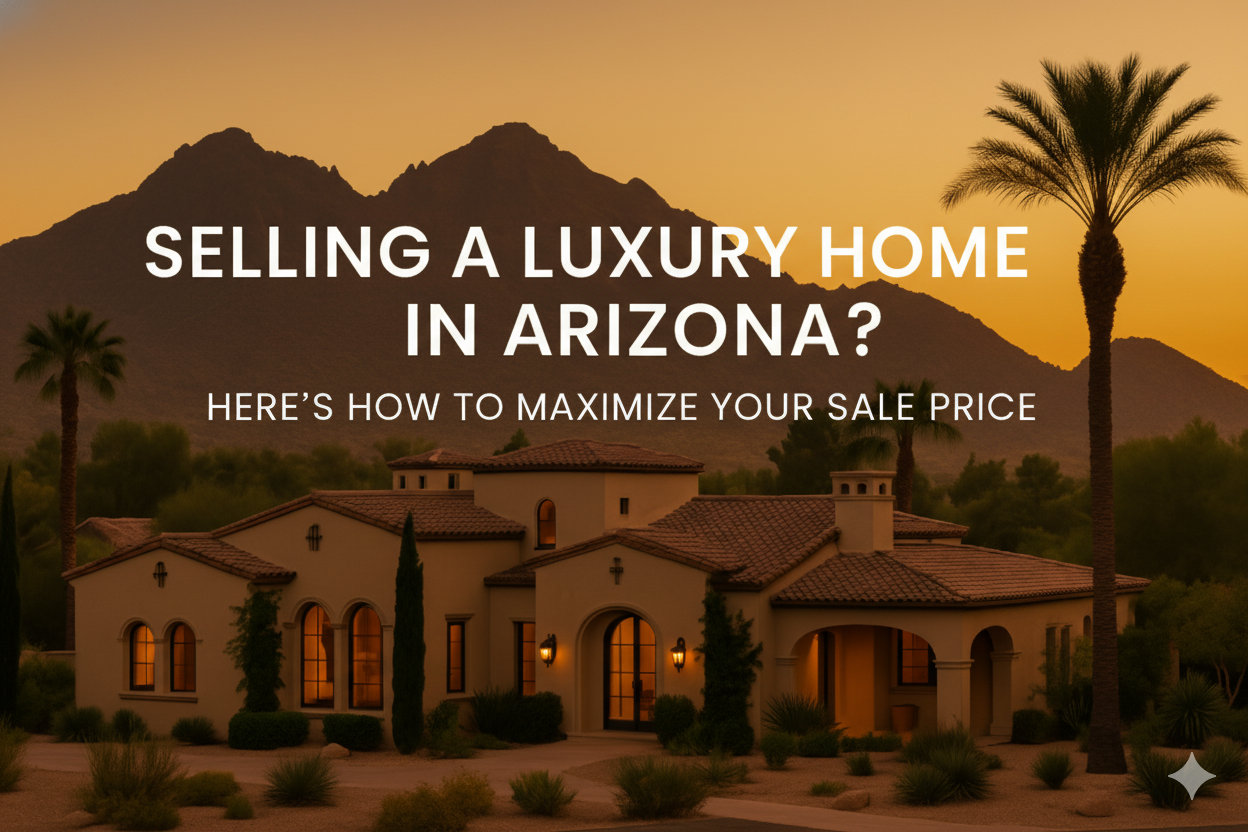 A luxury Spanish Colonial or Mediterranean-style house with a tile roof and warm interior lighting, set in a well-landscaped Arizona desert environment at sunset. There are palm trees and distant mountains under an orange and yellow sky.